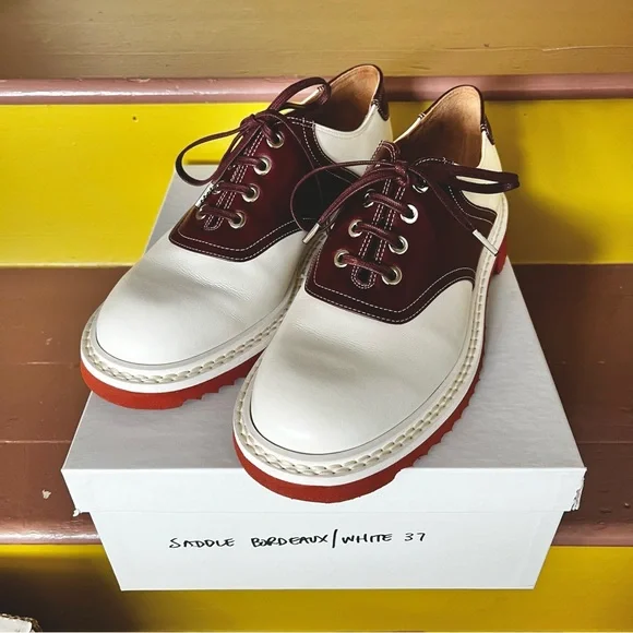 Labucq Saddle Shoes Burgundy Bordeaux and White Women's Oxfords - Picture 4 of 7